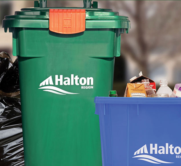 Garbage, recycling and compost bins.